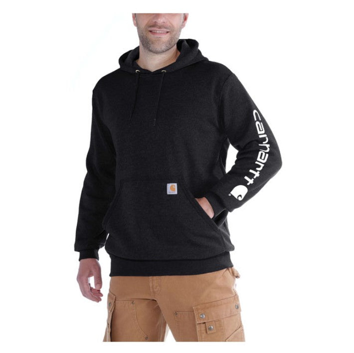 Black cotton blend men's hoodie, logo on the sleeve and Carhartt label sewn on the pocket