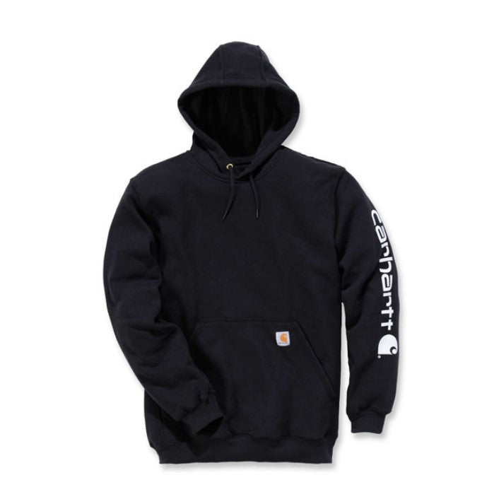 Black cotton blend men's hoodie, logo on the sleeve and Carhartt label sewn on the pocket