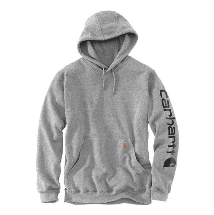 Gray cotton blend men's hoodie, logo on the sleeve and Carhartt label sewn on the pocket