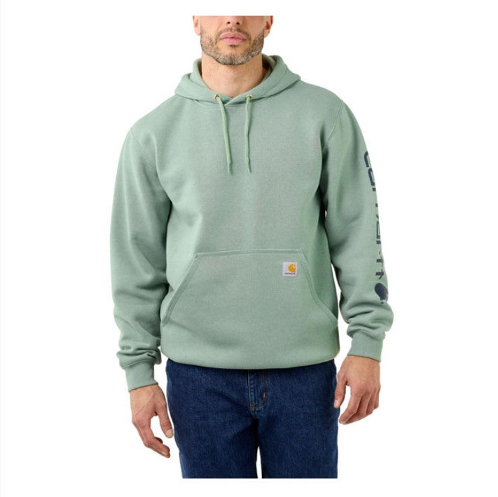 Gray cotton blend men's hoodie, logo on the sleeve and Carhartt label sewn on the pocket