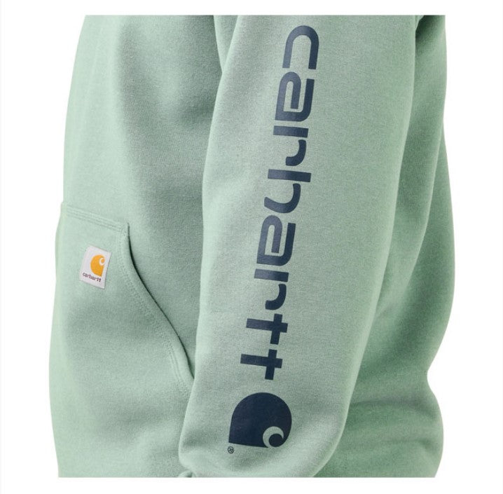 Gray cotton blend men's hoodie, logo on the sleeve and Carhartt label sewn on the pocket