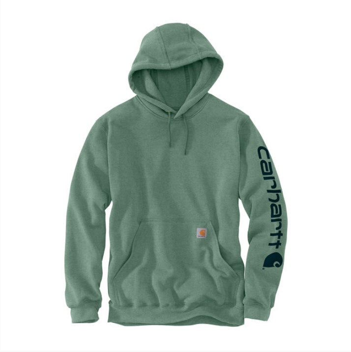 Gray cotton blend men's hoodie, logo on the sleeve and Carhartt label sewn on the pocket