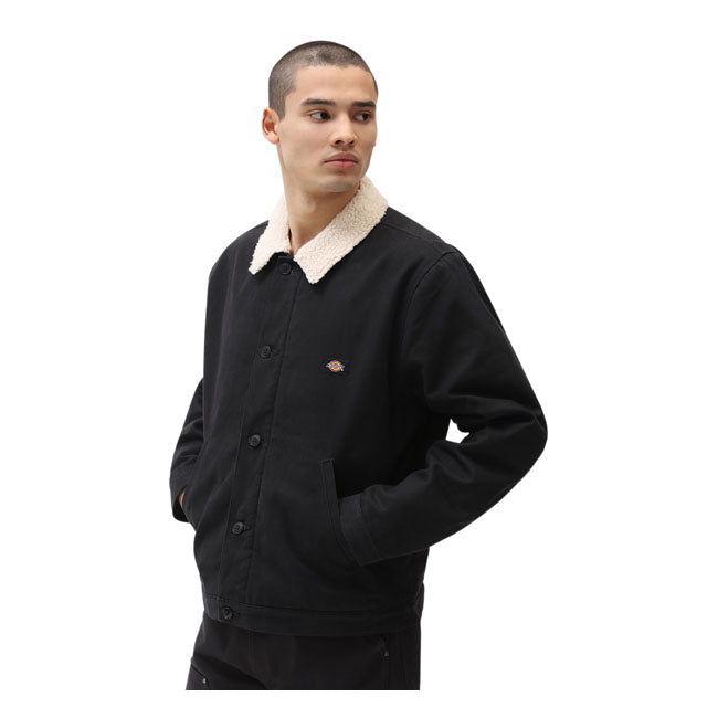 Black men's work jacket in cotton, button closure and sherpa collar