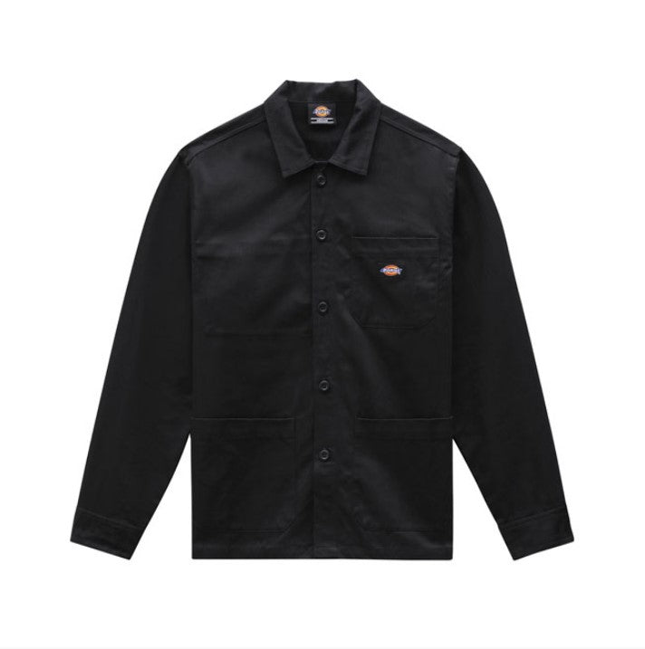 Black button-down men's shirt in cotton, with three patch pockets on the front, one inside pocket and hidden snap closure on the cuffs.