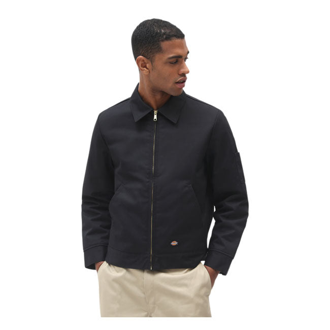 Black twill men's jacket with quilted lining and adjustable buttons on the belt