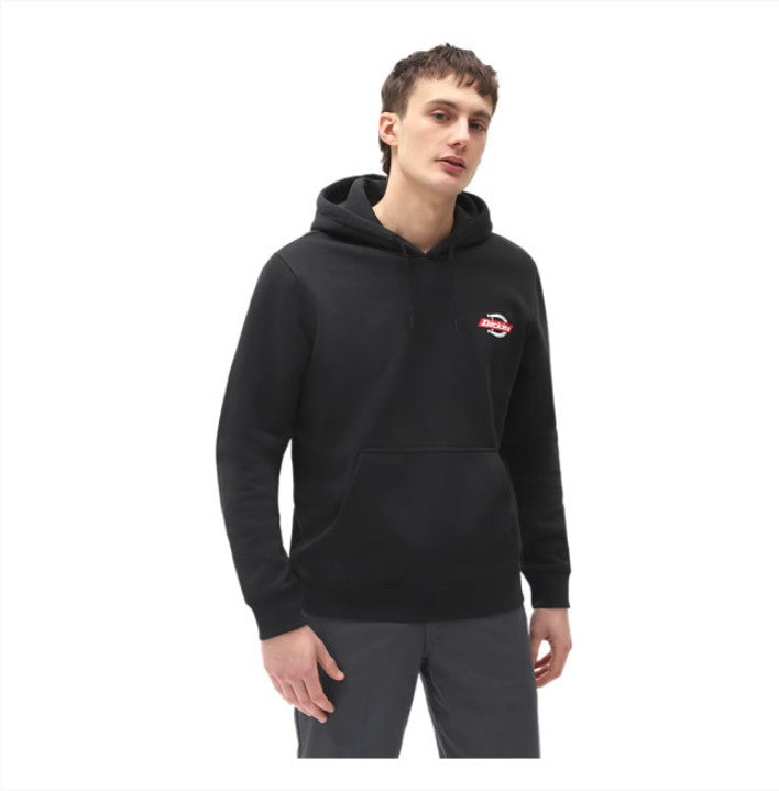 Black men's hoodie with small logo on the heart and large logo on the back