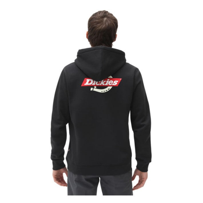 Black men's hoodie with small logo on the heart and large logo on the back