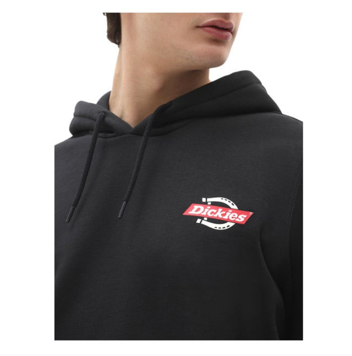 Black men's hoodie with small logo on the heart and large logo on the back