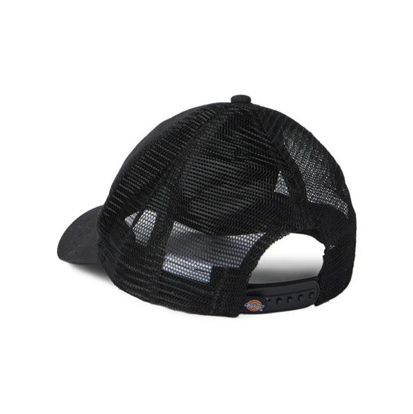 Black cotton canvas cap with black mesh back and snap closure