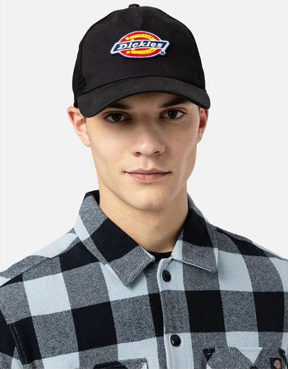 Black cotton canvas cap with black mesh back and snap closure