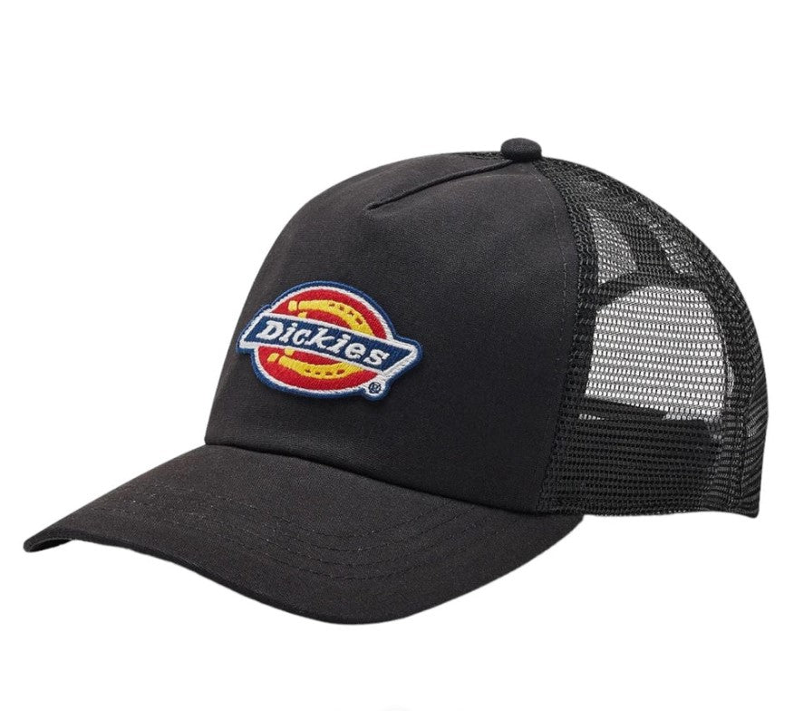 Black cotton canvas cap with black mesh back and snap closure