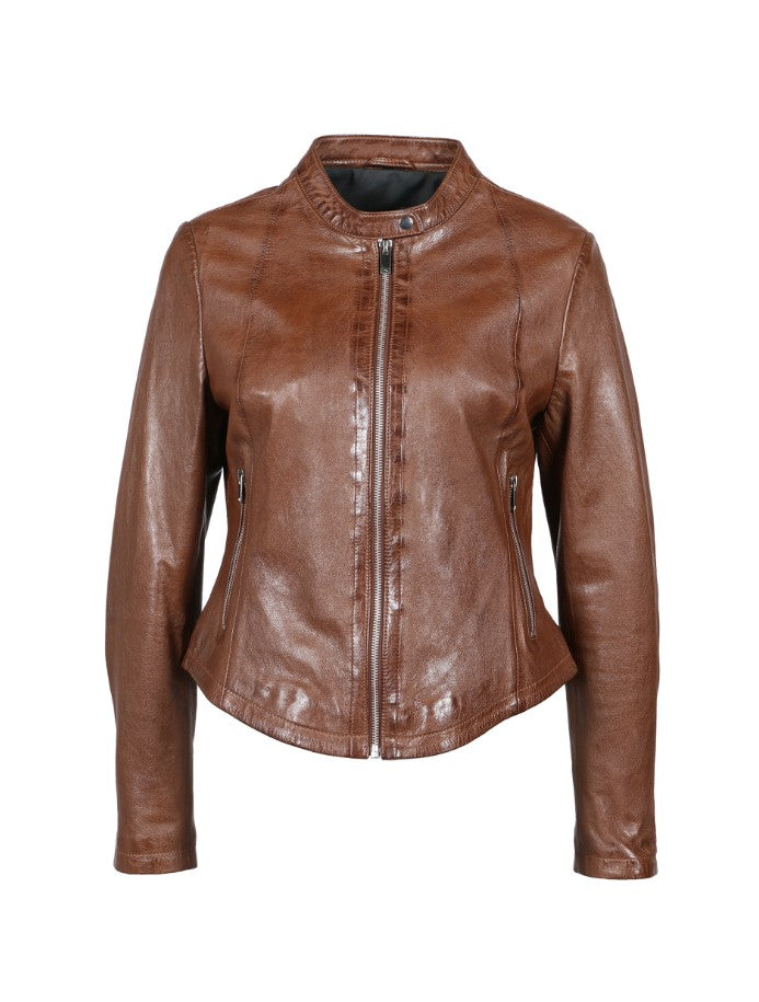 Leather jacket with 2 side pockets with zip and button closure at the neck, zip on the sleeves