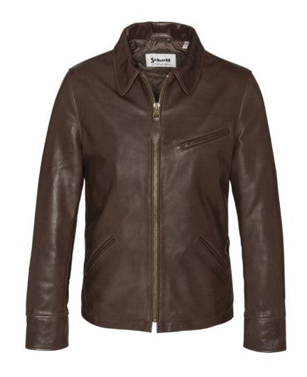 Brown leather jacket for men with collar and slanted chest pocket only on the left