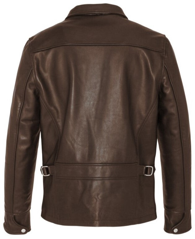 Brown leather jacket for men with collar and slanted chest pocket only on the left