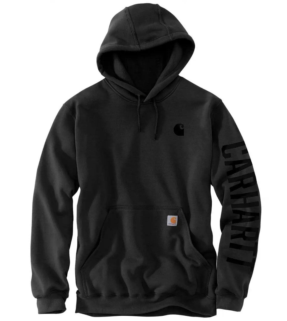 felpa con cappuccio nera da uomo finitura idrorepellente di carhartt realizzata in felpa pesante, scritta sulla manica, logo sul cuore e etichetta sul marsupp