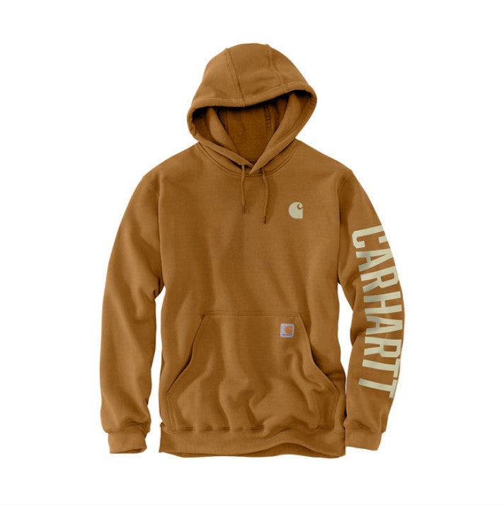 felpa con cappuccio marrone da uomo finitura idrorepellente di carhartt realizzata in felpa pesante, scritta sulla manica, logo sul cuore e etichetta sul marsupp