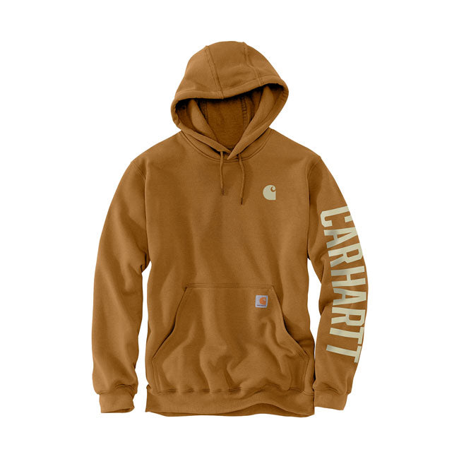 felpa con cappuccio marrone da uomo finitura idrorepellente di carhartt realizzata in felpa pesante, scritta sulla manica, logo sul cuore e etichetta sul marsupp