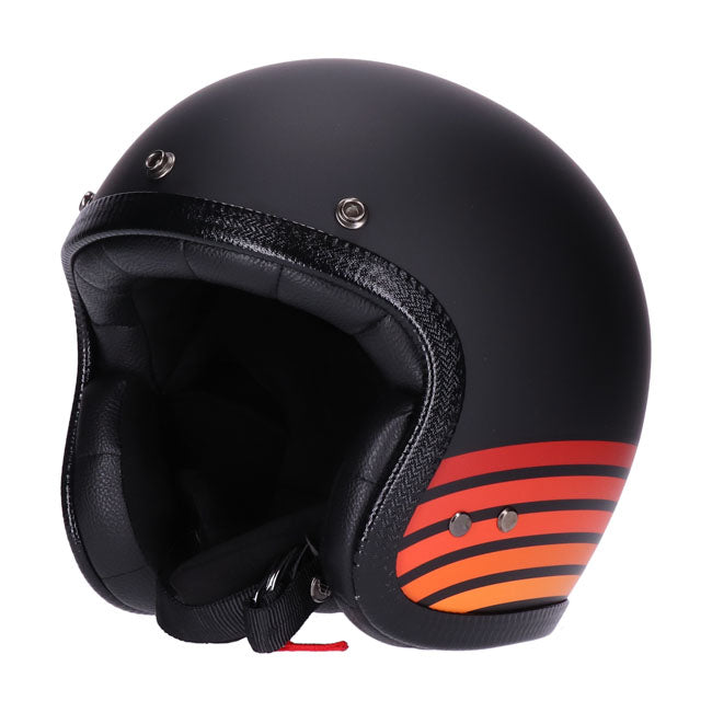 casco jet vintage lucido nero con visiera nera; omologato con approvazione ece-r22.05; fodera comfort in microtec con dettagli in pelle premium e profilo cromat