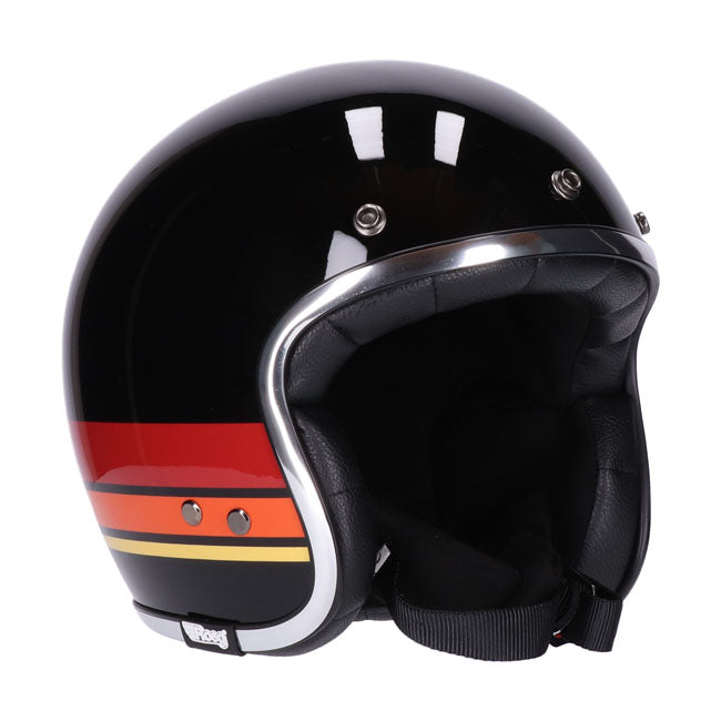 casco jet vintage lucido nero con visiera nera; omologato con approvazione ece-r22.05; fodera comfort in microtec con dettagli in pelle premium e profilo cromat