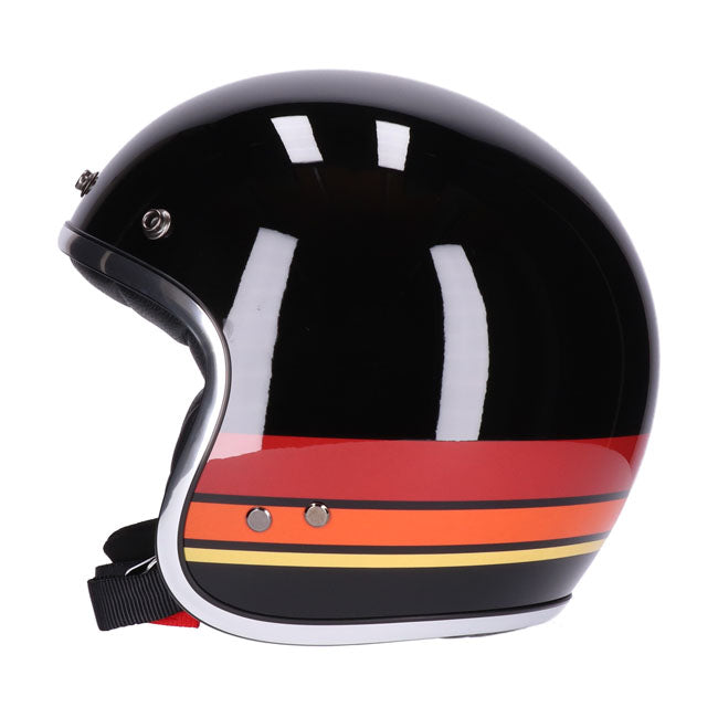 casco jet vintage lucido nero con visiera nera; omologato con approvazione ece-r22.05; fodera comfort in microtec con dettagli in pelle premium e profilo cromat