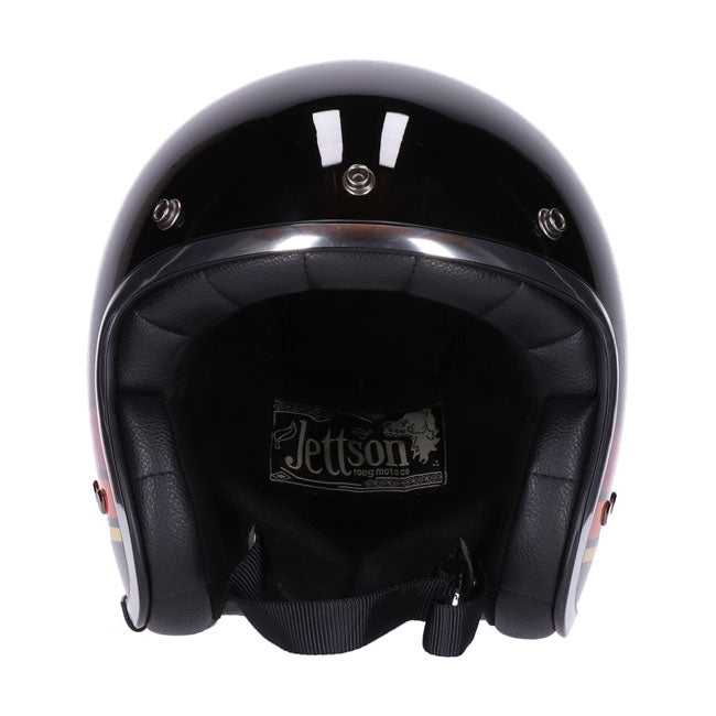 casco jet vintage lucido nero con visiera nera; omologato con approvazione ece-r22.05; fodera comfort in microtec con dettagli in pelle premium e profilo cromat